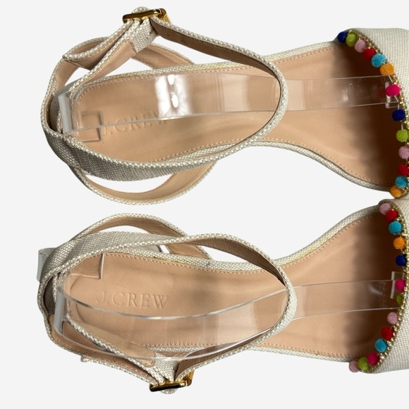 J Crew Lottie Sandals Size 9.5 Rainbow Pom-Pom Ivory Ankle Strap Buckle Closure - Picture 4 of 10
